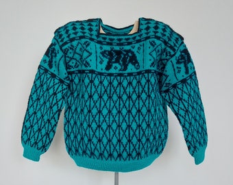 Vintage knit Nordic wool green animal pullover boys, Size 6-8 years kids