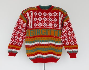 Nordic vintage red wool sweater pullover for girl with name Birgitte, Size about 6-8 years