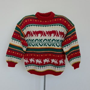 Scandinavian knit unisex sweater pullover kids with animals cats rabbits, Size about 6-8 years girl
