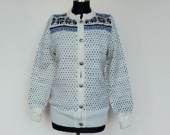 Nordic Knit Sweater Cardigan Women White Wool, Size M