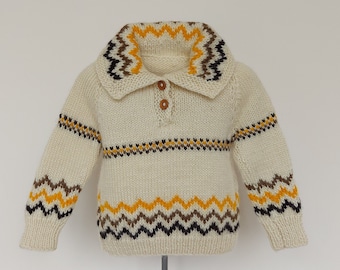 Vintage chunky wool off white collared neck sweater pullover for kids boys, Size about 4 years