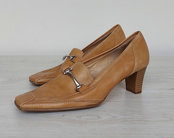 Vintage leather heels fox brown square toe pumps shoes women - Size US 10 - Size EU 42 - UK 7,5