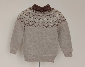 Unisex Icelandic sweater fair isle knit wool pullover kids, Size 3-4 years