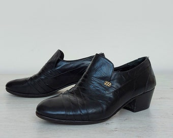 chaussures vintage femme cuir noir talons bas - Taille US 8,5 - Taille EU 39 - UK 6