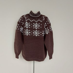Icelandic mock neck brown sweater kids girls fair isle knit pullover, Size 8-10 years kids