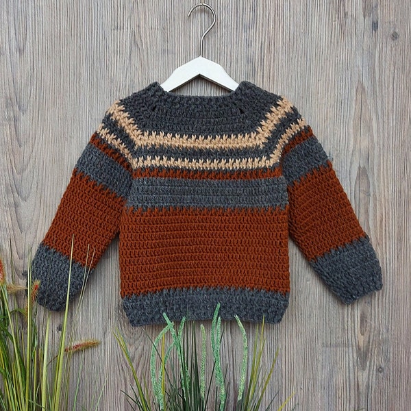 Pullover jongen bruin grijs gehaakte trui kinderen, maat ongeveer 3 jaar