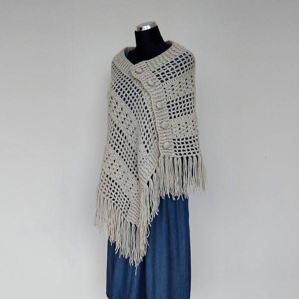 Vintage poncho gehaakt beige wrap vrouwen, Maat M