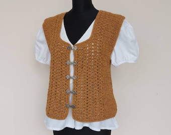 Waistcoat yellow crochet Nordic frog closure vest for women, Size M-L