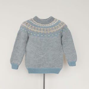 Fair isle knit gray merino wool Icelandic unisex pastel colors pullover sweater for kids, Size 3-4 years