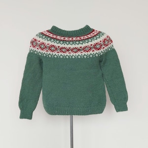 Icelandic knit unisex toddler sweater fair isle green wool pullover, Size 1-2 years kids