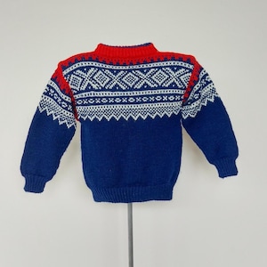 Navy blue red traditional vintage Norwegian kids wool sweater pullover for 2-4 years old