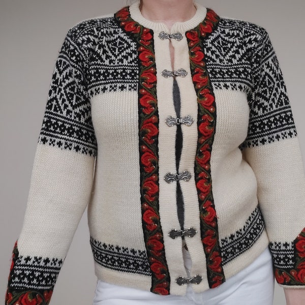 Vintage Nordic wollen vest trui kikker sluiting off wit voor vrouwen, Maat M