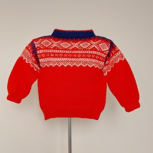Hand knit vintage red blue wool traditional Norwegian pullover sweater for toddler boys kids, Size 2 years