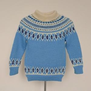 Unisex Icelandic fair isle knit wool mock neck pullover sweater kids, Size 3-4 years