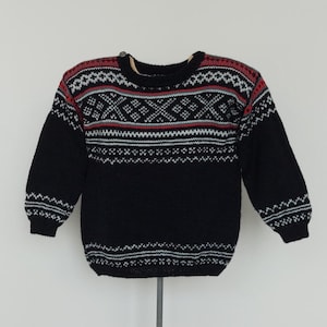 Hand knit vintage black wool Norwegian pullover sweater for boys kids, Size 2-3 years
