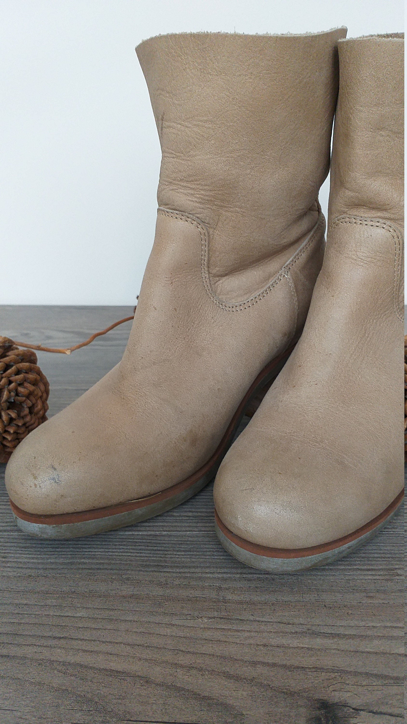 Vintage Ankle Heels Women Beige Leather Boots Shoes/ Size US - Etsy