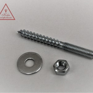 May include: A silver screw with a washer and nut. The screw is approximately 5 cm long and has a coarse thread. The washer is about 2.5 cm in diameter and the nut is about 1.25 cm in diameter.