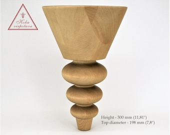 May include: A wooden furniture leg with a rounded, bulbous design. The leg is 11.81 inches tall and has a top diameter of 7.8 inches.