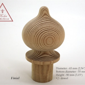 May include: A wooden finial with a rounded top and a smaller, round base. The finial is 2.56 inches in diameter, 2.16 inches in diameter at the base, and 3.15 inches tall. The finial is made of natural wood with a light brown color.