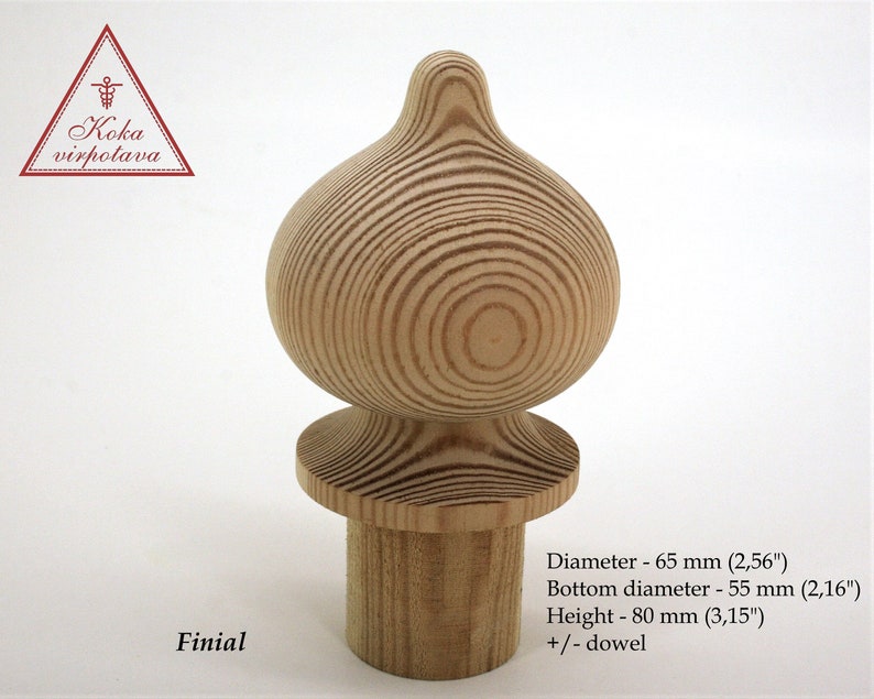 May include: A wooden finial with a rounded top and a smaller, round base. The finial is 2.56 inches in diameter, 2.16 inches in diameter at the base, and 3.15 inches tall. The finial is made of natural wood with a light brown color.