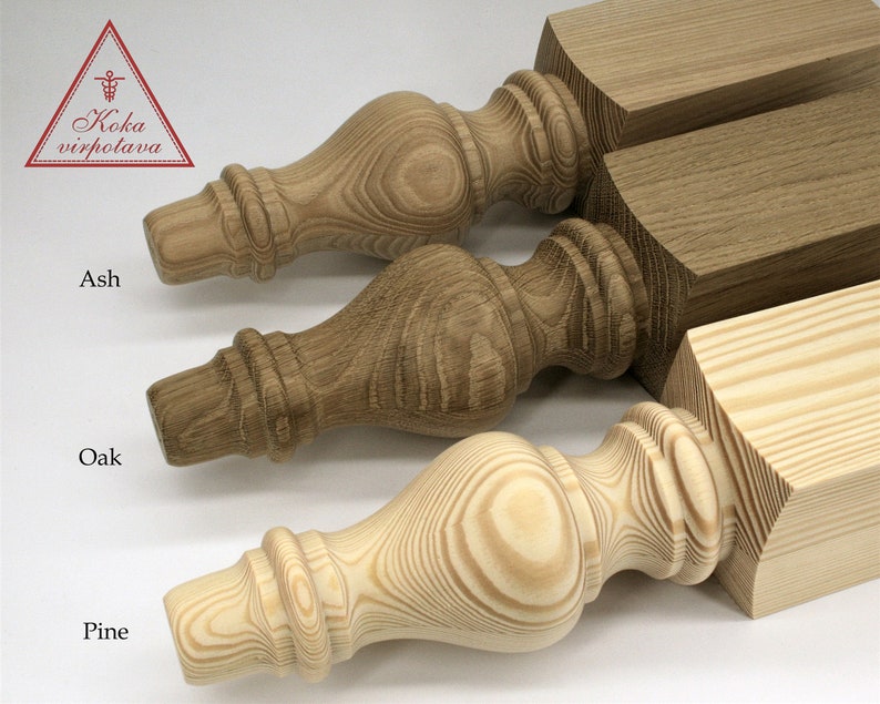 以下が含まれることがあります： 異なる木の種類、アッシュ、オーク、パインの3つの木製フィニアル。フィニアルはすべて同じ形ですが、木目と色は異なります。フィニアルは、アッシュ、オーク、パインの順に左から右に配置されています。