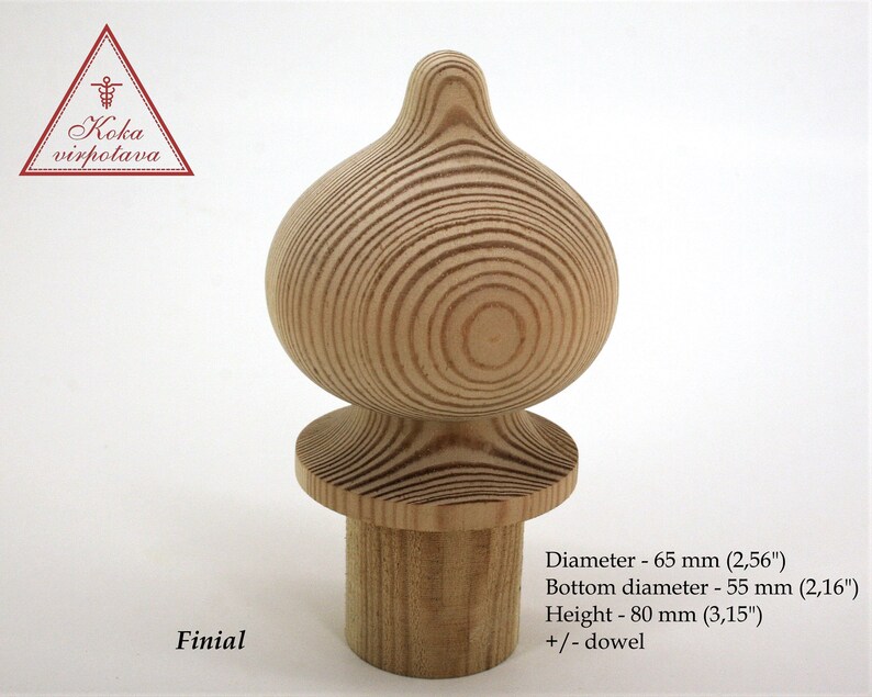 May include: A wooden finial with a rounded top and a smaller, round base. The finial is 2.56 inches in diameter, 2.16 inches in diameter at the base, and 3.15 inches tall. The finial is made of natural wood with a light brown color.