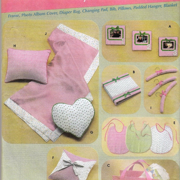 Simplicity Home Decorating #4642 Baby Gifts Diaper Bag, Bib, Blanket, Photo Album Cover, Pillows, Padded Hanger