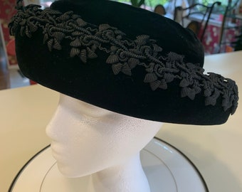 Vintage Doree Black Bowler Hat with Black Floral Embroidered Trim