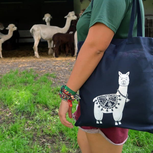 Alpaka Baumwoll Tasche - Beutel / dunkelblau / Alpaca Cotton Bag / navy blue - HANDPRINTED Handgedruckt