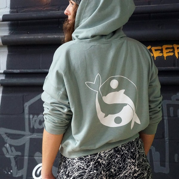 Delfin Reißverschluss Crop Jacke Damen - Hoodie / Dolphin Zip Jacket Cropped yin yang FAIRTRADE HANDBEDRUCKT