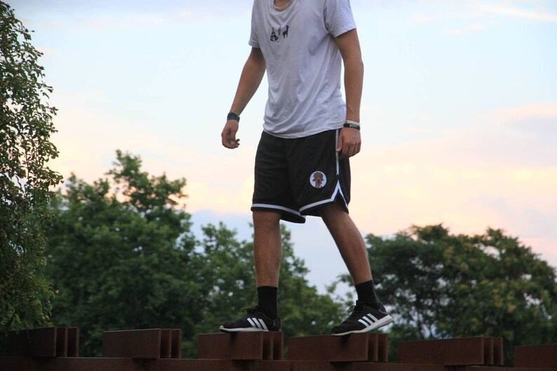 May include: A person wearing a white t-shirt and black shorts with a white trim and a logo. The person is wearing black socks and black sneakers with white stripes. The background includes green trees and a colorful sky.