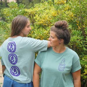 May include: Two people wearing teal blue t-shirts with purple designs. The design on the left shirt is three stacked circles with a person in each circle. The design on the right shirt is a single circle with a person inside and stacked circles around it.