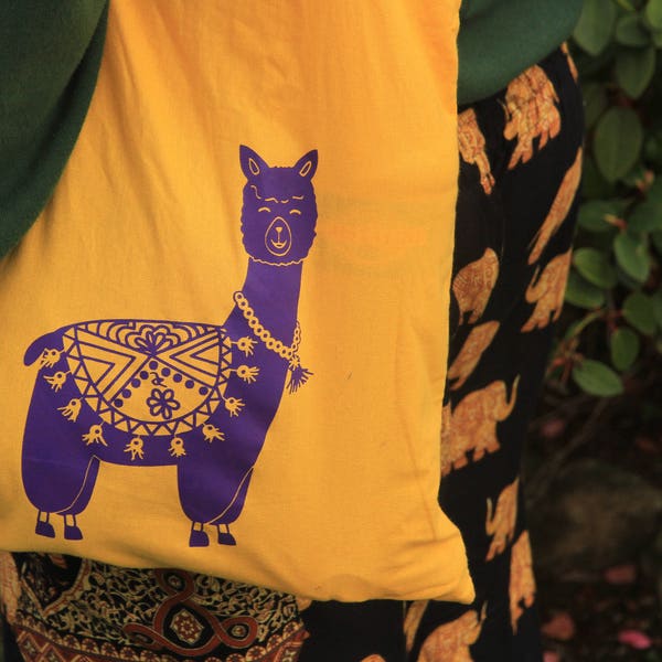 Alpaka Baumwoll Beutel - Tasche / Alpaca cotton bag / gelb und lila / yellow and purple - HANDPRINTED