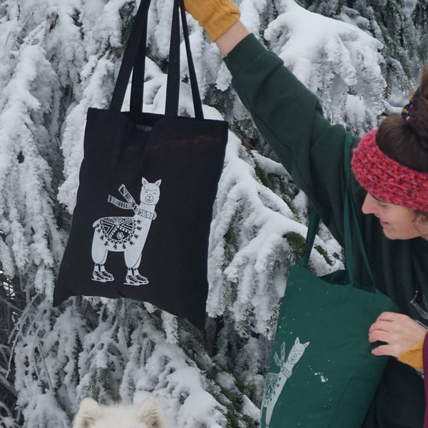 Alpaka auf Schlittschuhen - Silber - Beutel Jutebeutel Tragetasche - winter sport / ice skate alpaca tote bag - HANDPRINTED