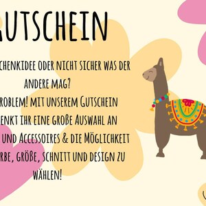 May include: A colorful gift certificate with a llama illustration and the text "GUTSCHEIN" in large letters. The text reads "KEINE GESCHENKIDEE ODER NICHT SICHER WAS DER ANDERE MAG? KEIN PROBLEM! MIT UNSEREM GUTSCHEIN VERSCHENKT IHR EINE GROBE AUSWAHL AN KLEIDUNG UND ACCESSOIRES & DIE M&Ouml;GLICHKEIT SELBER FARBE, GR&Ouml;BE, SCHNITT UND DESIGN ZU W&Auml;HLEN!" and "mrs Soleil".