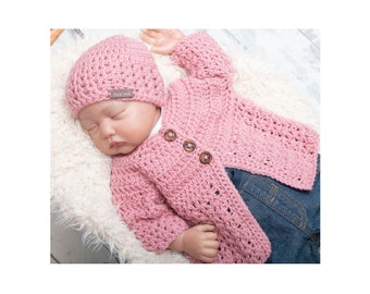 Round neck DK Newborn cardigan and beanie Crochet pattern 003