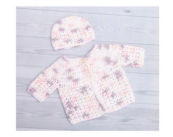 Hand Crocheted cardigan and hat for a newborn baby girl white pink and grey fleck