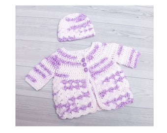 Hand Crocheted cardigan and hat for a newborn baby girl white and purple yarn
