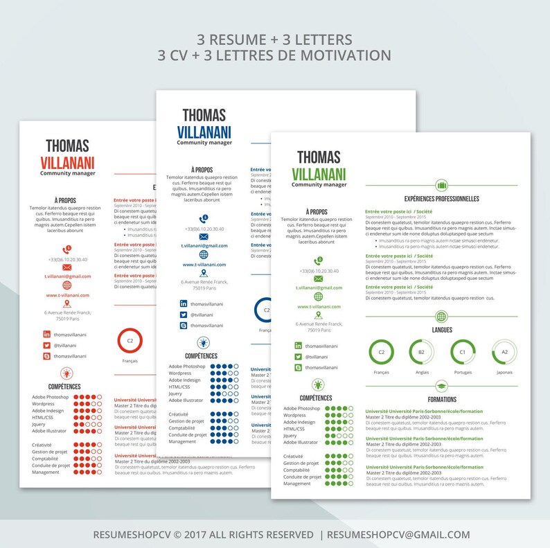 3 CV / curriculum vitae professionnel, moderne et graphique 3 Lettres de motivation Pack de picto pour Microsoft Word LordOfWork 4.0 image 4