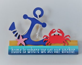Nautical Set Anchor Decor Standing Table Mantle Sunroom Wood Sign Home Decor Painted Red Crab Rope Starfish Ocean Beach Sand Decorations