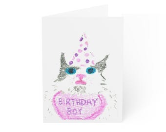 Crayon-Style Cat Birthday Card | Party Hat Kitty Greeting (270gsm Paper)