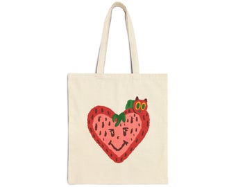 Strawberry Caterpillar Tote Bag | Hand-Drawn Canvas Art, Whimsical Illustration