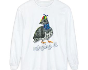 Whimsical Pigeon Illustration Long Sleeve Tee | Artist Designed Bird Sketch
