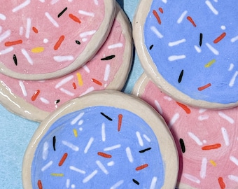 Handmade Ceramic Sprinkle Cookie Coaster – Pink or Blue Options