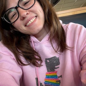 May include: A light pink hooded sweatshirt featuring a graphic of a black pixelated dinosaur wearing a rainbow-striped sweater. The hoodie includes matching pink drawstrings and is worn by an individual with brown hair and black-framed glasses.