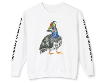 Colorful Pigeon Pinwheel Hat Illustration Sweatshirt | 'Curiously Unserious' Sleeve Text