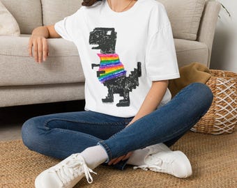 Rainbow Sweater T-Rex Pixel Art Tee, Retro Dinosaur Graphic Shirt