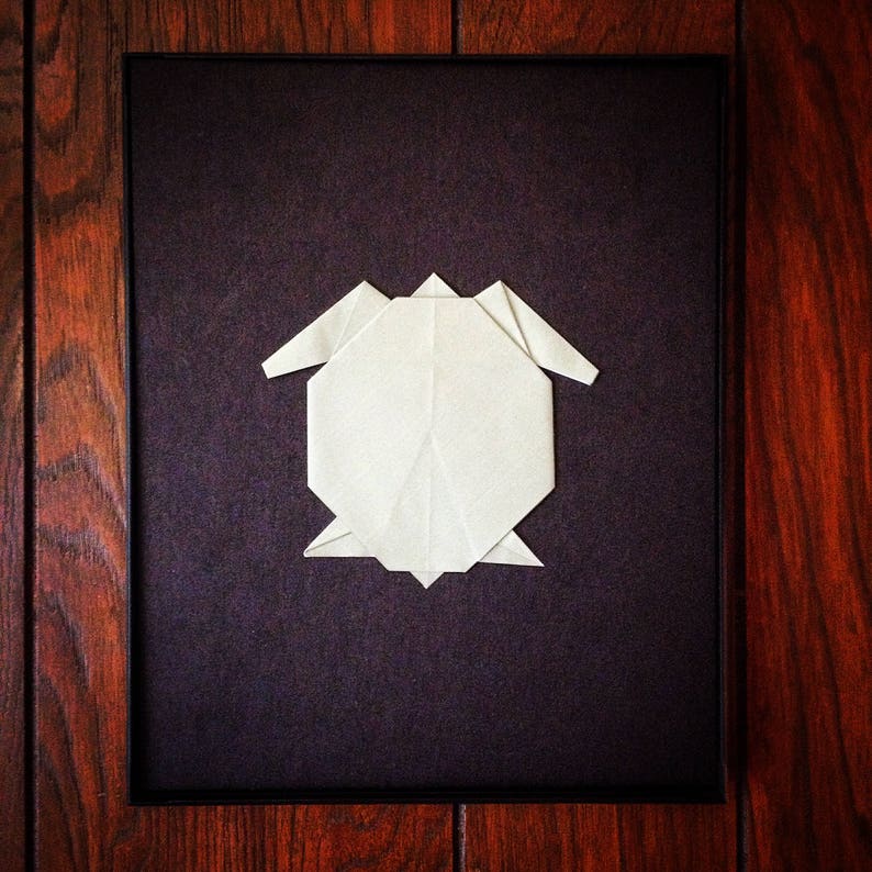May include: A white origami turtle is displayed in a black frame against a dark wood background.