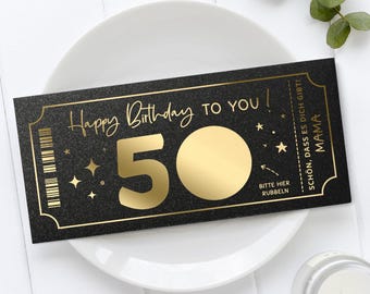 Personalized gift for a milestone birthday, scratch-off card with custom message, elegant surprise card with gold foil, numbers 10 to 90, Happy Birthday