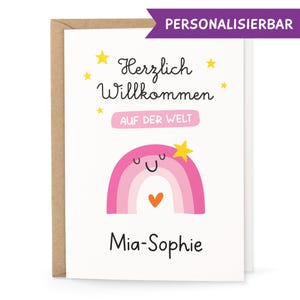 Personalisierte Geburtskarte Mädchen – Rosa Regenbogen mit Name – Klappkarte zur Geburt mit Umschlag – Nachhaltig & handgemacht